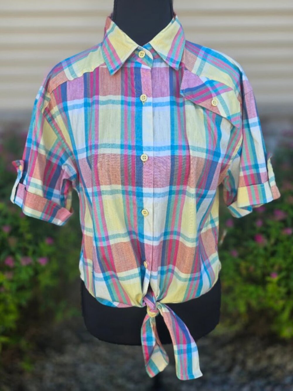 Vintage Heshy II Plaid Tie Front Cotton Shirt NWT Size Small